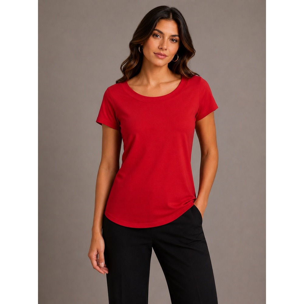 Jones New York Signature Womens Red 100% Cotton Scoop Neck Short Sleeve Top‎ S